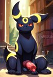 3_toes all_fours animal_genitalia animal_penis balls big_penis black_body canine_genitalia canine_penis erection feet feral genitals glowing glowing_markings male markings penis red_eyes sitting solo telegram_logo text toes vein veiny_penis yellow_markings sergalbutt nintendo pokemon telegram eeveelution generation_2_pokemon pokemon_(species) umbreon 2025 hi_res signature url