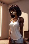 anthro baggy_clothing bed biceps black_hair bottomwear brown_eyes clothing dark_brown_fur detailed_background female furniture grey_bottomwear grey_clothing grey_shorts hair muscular muscular_anthro muscular_female paws round_ears shirt shorts solo topwear white_clothing white_shirt white_topwear window hellapoc deni lutrine mammal mustelid