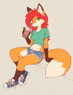 anthro belly belly_nipples beverage bubble_tea clothing countershading crop_top dolphin_shorts drinking female footwear green_eyes hair looking_at_viewer multiple_nipples nipples red_hair shirt shoes sneakers solo topwear verbotenvertex canid canine fox mammal red_fox hi_res