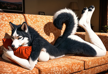 4_toes 5_fingers arm_tuft arms_bent bent_legs big_breasts biped black_body black_fur black_nose black_pawpads blue_eyes breast_squish breasts butt casual_nudity claws detailed_background detailed_fur digitigrade embrace eyelashes feet female finger_claws fingers fluffy fluffy_tail fur furniture hindpaw holding_object hug inner_ear_fluff inside lamp looking_at_viewer lying multicolored_body multicolored_fur narrowed_eyes neck_tuft nude nude_anthro on_front on_sofa pawpads paws picture_frame pillow pillow_hug raised_calf raised_tail seductive shadow smile sofa soles solo squish tail tasteful_nudity toe_claws toes tuft two_tone_body two_tone_fur white_body white_fur unknown_director canid canine canis domestic_dog husky mammal nordic_sled_dog siberian_husky spitz detailed hi_res