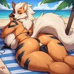 animal_genitalia animal_pussy anthro anus arcanine areola beach big_butt bikini black_areola black_nipples bottomless butt canine_genitalia canine_pussy cecil clothed clothing female generation_1_pokemon genitals large_breasts looking_at_viewer lying mature_female nipples on_front pokemon_(species) puffy_anus pussy seaside solo sunbathing swimwear water