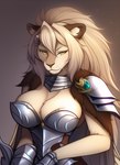 aeanohr anthro armor blonde_hair breast_fluff breasts cleavage cleavage_overflow clothed clothing felid female fur hair inner_ear_fluff lion looking_at_viewer mammal narrowed_eyes pantherine seductive simple_background solo standling tuft yellow_body yellow_eyes yellow_fur