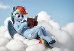 blue_sky book cloud cutie_mark feathers female feral friendship_is_magic fur hair holding_book holding_object hooves lying multicolored_hair multicolored_tail on_back rainbow_hair rainbow_tail reading sky smile solo wings tamrad rainbow_dash_(mlp) equid equine horse mammal my_little_pony pegasus pony hi_res