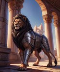 armor black_mane brown_body brown_fur claws feral fur male mane metal_armor muscular muscular_male palace smile solo yellow_eyes thunderwolf felid feline lion mammal pantherine absurd_res hi_res