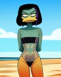 anatid anseriform anthro avian bags_under_eyes beach beak bird black_hair breasts clothing cloud9999 disney duck ducktales ducktales_(2017) eyeliner female furrowed_brow green_body green_skin gris_swimsuit hair hands_behind_back hi_res highlights_(coloring) looking_at_viewer magica_de_spell makeup narrowed_eyes orange_legs portrait seaside simple_background slim small_breasts small_waist solo suntan swimwear tan_line three-quarter_portrait tight_clothing translucent translucent_clothing tuft yellow_eyes