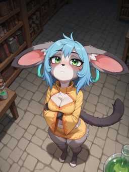 anthro big_eyes black_nose blue_hair blush bookshelf bottomwear breasts cat_tail chest_tuft cleavage clothed clothing crossed_arms digitigrade ear_piercing ear_ring eyebrows female fur furniture green_eyes grey_body grey_fur hair high-angle_view long_ears long_sleeves looking_at_viewer looking_up looking_up_at_viewer medium_breasts medium_hair midriff open_mouth pear-shaped_figure piercing potion_bottle raised_eyebrow ring_piercing short_stack skirt solo squint_eyes stone_floor thick_thighs tuft wide_hips sagrael atlyss vivian_(atlyss) lagomorph mammal poon_(atlyss) animated short_playtime sound voice_acted webm