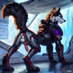 anatomically_correct anatomically_correct_genitalia animal_genitalia animal_penis anus armor balls canid canine canine_genitalia canine_penis canis cybernetics cyborg detailed detailed_background detailed_fur director_firewolf feral fur furryrock_(model) genitals hi_res knot looking_at_viewer looking_back looking_back_at_viewer machine male mammal penis raised_tail solo wolf