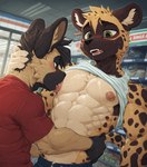 abs anthro anthro_on_anthro areola athletic athletic_male biceps black_nose blush bodily_fluids bottomwear brown_body brown_fur clothed clothing clothing_lift duo fur green_eyes hair inner_ear_fluff inside licking male male/male markings muscular muscular_anthro muscular_male nipple_fetish nipple_lick nipple_play nipple_suck nipples obliques open_mouth pecs public public_exposure raised_clothing raised_shirt raised_topwear saliva shirt shirt_lift spots spotted_body spotted_fur sucking sweat sweating_profusely sweaty_body sweaty_face tail tank_top teeth tongue tongue_out topwear tuft anonymous_director african_wild_dog canid canine felid feline hyaenid mammal hi_res