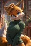 anthro blue_eyes blurred_background bottomless breasts clothed clothing double_tail female fluffy fluffy_tail fox_tail fur hair light looking_at_viewer smile solo sonic_the_hedgehog_(series) sweater sweater_only topwear topwear_only two_tone_tail upper_body zaddha miles_prower canid canine fox mammal hi_res