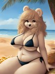 absurd_res anthro beach big_breasts bikini breasts clothing female fur hair hi_res long_hair mammal polar_bear seaside slightly_chubby smile solo swimwear ursid ursine white_body white_fur white_hair