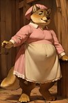 anthro apron big_bad_wolf_(shrek) bonnet brown_body brown_fur canid canine canis clothed clothing crossdressing detailed_background digitigrade fur green_eyes headgear headwear hi_res inside looking_at_viewer male mammal mexlicano nightgown overweight overweight_anthro overweight_male pink_clothing pink_headwear solo solo_focus white_apron wolf wolf_tail