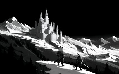 anthro armor black_body black_sky castle dark_fantasy darkness digitigrade duo forest hair headgear helmet holding_object holding_sword holding_weapon horn landscape looking_away male male/male medieval_armor medieval_background medieval_clothing medieval_fantasy melee_weapon mountains nature nature_background plant rear_view shoulder_armor sky sword tree weapon white_hair adragocult ambiguous_species kobold black_and_white hi_res monochrome