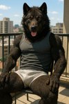 anthro balcony black_body black_fur blurred_background boxers_(clothing) brown_body brown_fur chair city clothed clothing cloud day dirty_clothing eye_scar facial_scar fur furniture light looking_at_viewer male muscular muscular_anthro muscular_male on_chair outside photorealism photorealistic presenting realistic realistic_fur realistic_lighting scar shirt sitting sitting_on_chair solo spread_legs spreading sunlight tank_top tongue tongue_out topwear underwear yellow_eyes delken canid canine canis mammal wolf hi_res