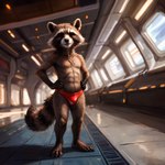 anthro black_nose brown_body brown_fur clothing fur guardians_of_the_galaxy hands_on_hips happy inside looking_at_viewer male markings relaxed smile smiling_at_viewer solo space_station speedo standing striped_markings striped_tail stripes swimwear tail_markings tuft a_tair_in_reality rocket_raccoon mammal procyonid raccoon hi_res