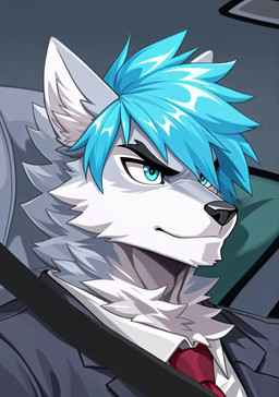 anthro black_nose blue_eyes blue_hair car clothed clothing eyebrows fur grey_body grey_fur hair inner_ear_fluff inside_car male neck_tuft necktie solo suit topwear tuft vehicle white_body white_fur thebigbradwulf meme_2026 brad_wulf_(thebigbradwulf) canid canine canis mammal wolf animated digital_media_(artwork) meme short_playtime webm