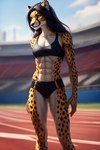 abs amber_eyes anthro biceps black_hair bottomwear breasts clothing female female_anthro hair hotpants minishorts shorts slim_body small_breasts solo spots spotted_body topwear track_and_field triceps young_adult young_anthro young_female hellapoc zakumi_(hellapoc) cheetah felid feline mammal