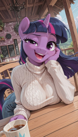 anthro beverage bottomwear breasts chair clothing denim denim_clothing eyelashes female fur furniture horn inside jeans mane open_mouth open_smile pants purple_body purple_eyes purple_fur smile smiling_at_viewer solo sweater tail teeth topwear unicorn_horn crody friendship_is_magic my_little_pony twilight_sparkle_(mlp) equid equine mammal unicorn hi_res