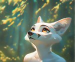 anthro black_lips black_markings black_nose blurred_background dramatic_lighting eyelashes female forest fur lips looking_up markings orange_eyes plant solo solo_focus tree white_body white_fur feralfresh canid canine fox mammal