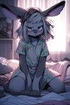 angry anthro bed bed_sheet bedding chest_tuft clothed clothing curtains female frown fully_clothed furniture green_clothing green_shirt green_topwear hair inside long_ears messy_hair nightgown on_bed shirt solo topwear tuft fuzzy_logic lagomorph leporid mammal rabbit hi_res