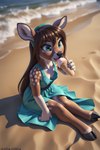 aisha anthro attempted_signature breach brown_hair cervid clothing cub dessert dress female food hair hi_res hooves ice_cream licking mammal sea sitting solo teal_eyes tongue tongue_out venison venisoncreampie water young