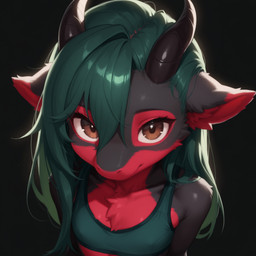 anthro biped black_background bra brown_eyes brown_horn chest_tuft clothing countershade_face countershade_fur countershading eyeshadow female foreshortening fur grey_body grey_fur hair horn long_hair looking_at_viewer looking_up makeup mythology red_body red_countershading red_eyeshadow red_fur red_inner_ear simple_background solo straight_hair teal_bra teal_hair tuft underwear smaugthedragon dragon furred_dragon mythological_creature mythological_scalie scalie 1:1 headshot_portrait hi_res icon portrait