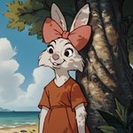 accessory anthro beach clothing cloud cub dappled_light dress female fur hair_accessory hairbow happy looking_aside nature nature_background outside pink_bow plant red_clothing red_dress sea seaside sky smile solo standing three-quarter_view tree water white_body white_fur young diodamyr robin_hood_(disney) sis_(robin_hood) lagomorph leporid mammal rabbit