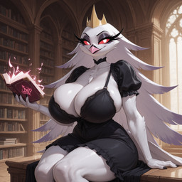 anthro beak big_breasts black_clothing black_dress book breasts clothing crown dress elemental_manipulation eyelashes eyeshadow feather_hair feathers female fire fire_manipulation holding_object library magic makeup non-mammal_breasts pseudo_hair red_sclera solo tail_feathers thick_thighs white_body white_eyes white_feathers window wooden_building zoc helluva_boss stella_(helluva_boss) avian bird owl owl_demon hi_res