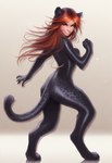 anthro black_body black_fur digitigrade female fur hair looking_at_viewer red_hair simple_background smile solo spots standing twisting director_crashbandit animal_humanoid cat_humanoid felid felid_humanoid feline feline_humanoid humanoid mammal mammal_humanoid pantherine pantherine_humanoid hi_res novelai