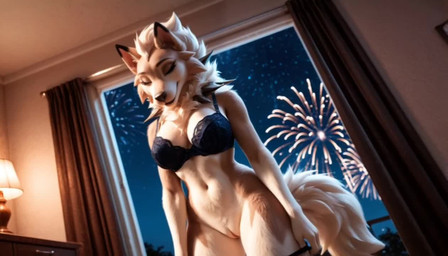 anthro bra clothed clothing female fireworks genitals lingerie looking_at_viewer night panties partially_clothed pussy solo underwear undressing nintendo pokemon generation_7_pokemon lycanroc pokemon_(species) animated short_playtime webm