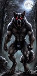 abs angry anthro autumn bared_teeth biceps black_nose bottomwear bulge canid canine claws clothed clothing digital_media_(artwork) digitigrade easyfluffv11.2_(model) fangs fluffy fluffy_tail fog forest front_view full-length_portrait full_moon glowing glowing_eyes growling hi_res imposing light looking_at_viewer male mammal manly moon moonlight muscular muscular_male navel neck_tuft night open_mouth outside plant portrait quads red_eyes rock scoutr shadow sharp_teeth shirtless shorts sky snarling solo standing teeth tight_clothing toe_claws topless topless_male torn_clothing tree tuft watermark were werecanid werecanine werewolf whisker_spots