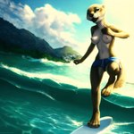 action_pose anthro areola bottomwear clothed clothing detailed detailed_fur female lutrine mammal mustelid nipples pose shorts solo square surfboard surfing swimwear tail topless water