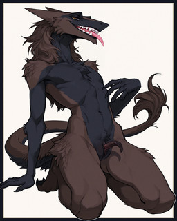 anthro bedroom_eyes black_body black_fur brown_body brown_eyes brown_fur claws clitoral_hood featureless_chest female fur genitals kneeling mane muscular narrowed_eyes prehensile_clitoral_hood presenting pussy seductive slim solo tail_tuft teeth tongue tuft not_a_real_wolf sergal absurd_res hi_res