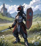 anthro armor castle cloud female flower grey_body holding_object holding_shield holding_sword holding_weapon meadow melee_weapon metallic_body mountains plant red_eyes shield solo sword weapon cartuniverse synth_(vader-san) absurd_res hi_res