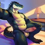 anthro balls bed bedroom crocodile crocodilian crocodylid furniture genitals hi_res looking_at_viewer male nude on_bed penis reptile scalie selfie sforza solo solo_focus tagme