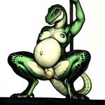 anthro birth breasts egg egg_laying exposed_breasts female genitals green_body green_nipples green_scales markings nipples non-mammal_breasts non-mammal_nipples oviposition pole pregnant pregnant_female pussy scales simple_background solo stripper stripper_pole tail_markings thick_thighs wide_hips yellow_eyes vilkas00 dinosaur reptile scalie theropod tyrannosaurid tyrannosaurus 1:1 absurd_res colored hi_res