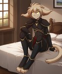 anthro armor bed clothed clothing digitigrade female fur furniture inside looking_at_viewer on_bed pauldron sitting smile solo twokinds window yellow_eyes anontk keith_keiser basitin felid keidran mammal hi_res