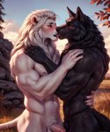 anthro biceps black_body black_fur black_nose blush foreskin french_kissing fur genitals hugging humanoid_genitalia humanoid_penis kiss kissing love male male/male muscular muscular_anthro muscular_male navel nipples outside penis tongue white_body white_fur thunderwolf canid canine canis felid lion mammal pantherine wolf absurd_res hi_res