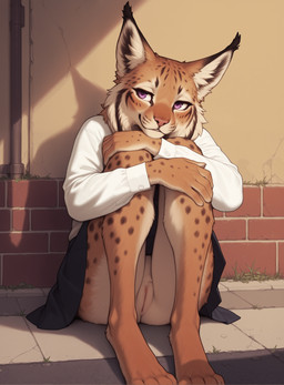 anthro bottomwear clothed clothing female genitals no_underwear pubes purple_eyes pussy shirt sidewalk sitting sitting_on_ground skirt smile solo spots spotted_body topwear cerinil felid feline lynx mammal hi_res