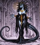 anthro black_body black_clothing black_dress black_feathers black_scales breasts claws clothing dress feathers feet female gold_(metal) gold_jewelry jewelry long_tail magic_user scales solo temple vermilion888 lizard reptile scalie absurd_res hi_res