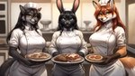 amber_eyes anthro auburn_hair black_hair chef_uniform clothed clothing female food green_eyes group hair holding_object inside kitchen trio autumndragon canid canine canis dragon fox hybrid lagomorph leporid mammal rabbit wolf hi_res