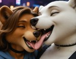 blurred_background brown_body brown_fur choker clothing collar cuddling eyes_closed fangs female fur hoodie jewelry licking necklace nuzzling realistic smile teeth tongue tongue_out topwear white_body white_fur wholesome_content nnam_si3 brown_bear mammal polar_bear ursid ursine hi_res