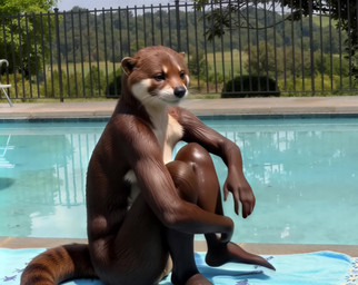 anthro black_nose breasts brown_body brown_fur female fence fur genitals innie_pussy light_body light_fur nipples nude nude_female otter_tail outdoor_nudity outside pool pussy realistic realistic_fur realistic_lighting sitting_on_ground small_breasts solo towel whiskers zabern mammal mustelid otter animated hi_res short_playtime webm