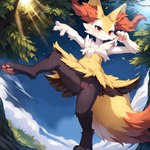 absurd_res braixen canid canine cloud eevee_k female feral fluffy fluffy_tail generation_6_pokemon genitals hi_res huge_filesize light looking_away mammal neck_tuft plant pokemon_(species) pose presenting presenting_pussy pussy sky solo sunlight tree tuft