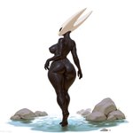 anthro areola big_breasts big_butt black_body black_nipples breasts butt exoskeleton feet female fingers glistening glistening_body horn nipples non-mammal_breasts nude partially_submerged rear_view rock simple_background solo standing thick_thighs water wet white_background wide_hips slop_dragon hornet_(hollow_knight) arthropod insect full-length_portrait hi_res portrait