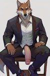 absurd_res anthro balls big_penis canid canine chair clothing fox fur furniture genitals hi_res humanoid_genitalia humanoid_penis looking_at_viewer male mammal penis sforza sitting smile solo suit