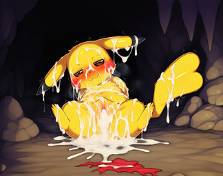 after_sex ascot blush bodily_fluids cave cavern clothing cum cum_drip cum_everywhere cum_on_body cum_on_clothing cum_on_ear cum_on_face cum_on_feet cum_on_tail cum_pool dripping drooling excessive_cum excessive_genital_fluids exhausted female feral free_use genital_fluids genitals lying lying_on_back lying_on_ground messy messy_fur on_back pussy saliva smug smug_face solo spread_legs spreading tail tired torn_clothing stressedout nintendo pokemon generation_1_pokemon pikachu pokemon_(species)