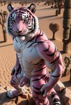 abs anthro balls biceps cactus desert felid foreskin fur genitals green_eyes hands hi_res male mammal muscular muscular_anthro muscular_male navel nipples pantherine paws pecs penis perspective pink_body pink_fur pink_nipples pink_nose plant retracted_foreskin sand solo stablexai standing standing_on_rock striped_body striped_fur stripes tiger whiskers white_body white_fur