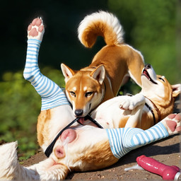 anatomically_correct anatomically_correct_genitalia anatomically_correct_pussy animal_genitalia animal_penis anus bedroom_eyes bodily_fluids canine_genitalia canine_penis clothing cum cum_in_pussy cum_inside dildo duo female female/female feral feral_on_feral footwear g-string genital_fluids genitals implied_sex legwear looking_at_viewer narrowed_eyes panties penis presenting presenting_pussy pussy raised_tail satisfied_expression seductive sex_toy socks spread_legs spreading stockings suggestive_look tail toy underwear anonymous_director canid canine canis domestic_dog mammal shiba_inu spitz