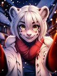 anthro felid female fur hair magacitl mammal pantherine smile smiling_at_viewer snow_leopard solo white_hair winter winter_background yellow_eyes