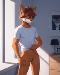 andromorph anthro apartment athletic canid canine clothed clothing clothing_lift fox fur genitals genny hair intersex mammal orange_body orange_fur pubes pussy red_hair shirt shirt_lift smile solo topwear window